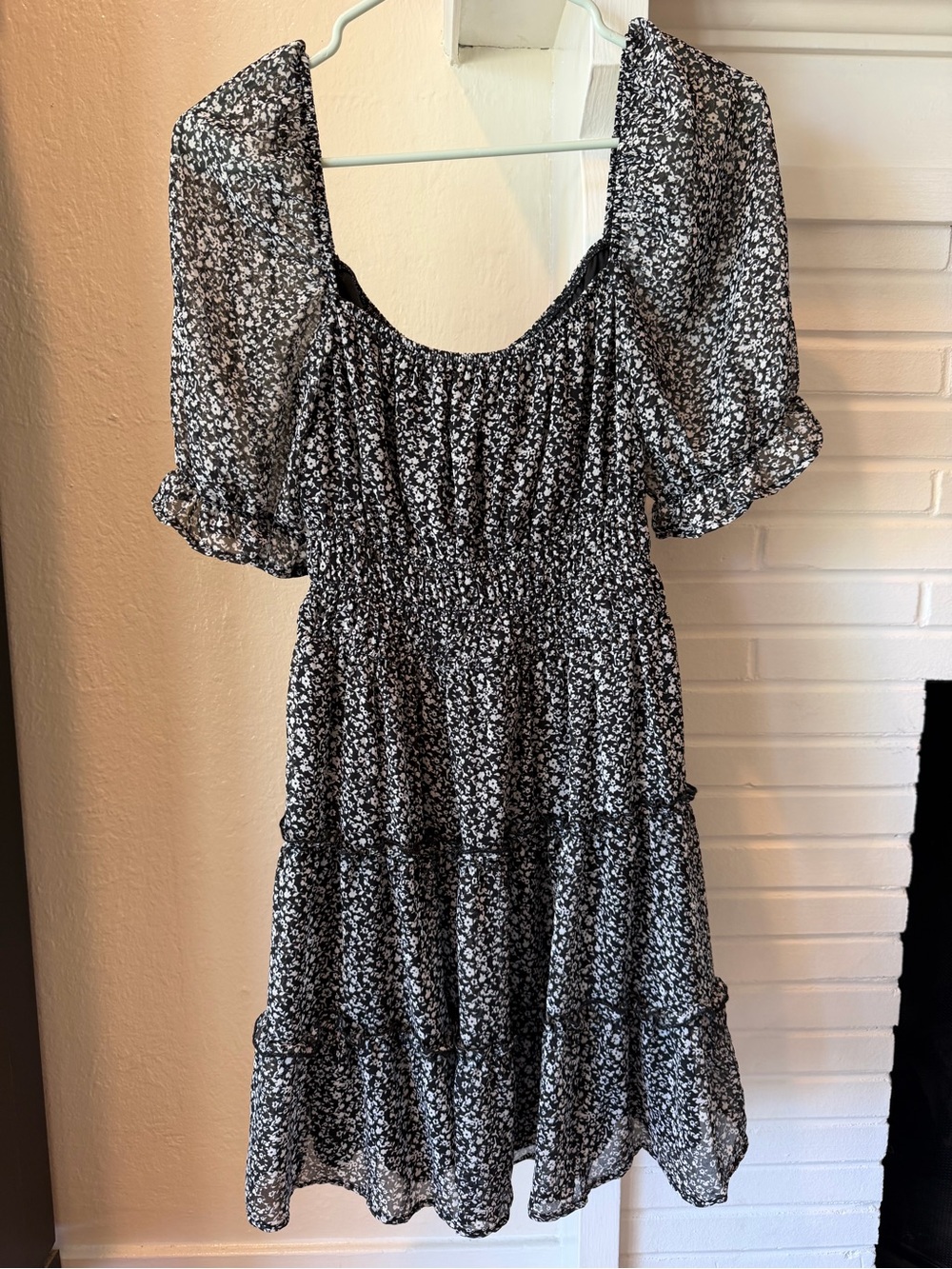 ROW A Black Floral Smocked Puff Sleeve Tiered Mini Dress Size Small
